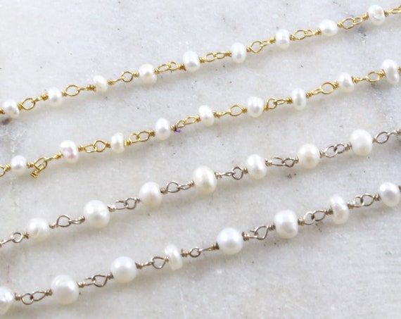 Dainty Medium Freshwater Pearl Rosary Beaded Wire Wrapped Chain Sterling Silver or Vermeil  / Sold by the Foot / Bulk Unfinished Chain /