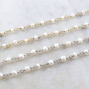 Dainty Medium Freshwater Pearl Rosary Beaded Wire Wrapped Chain Sterling Silver or Vermeil  / Sold by the Foot / Bulk Unfinished Chain /