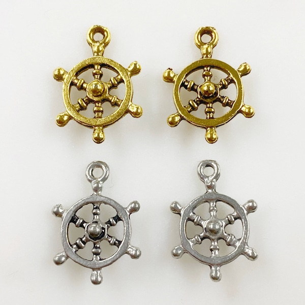 2 Piece Ships Wheel Pewter Base Metal Sea Charm Choose Your Color Antique Gold or Antique Silver