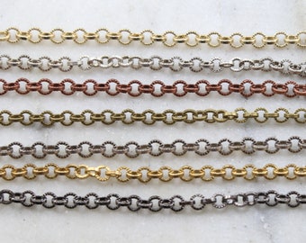 Base Metal 5mm Round Etched Textured Link Chain in 7 Finishes / Chain by the Foot