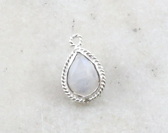 Small Sterling Silver Faceted Rainbow Moonstone Teardrop Pendant Charm Twisted Bezel Design
