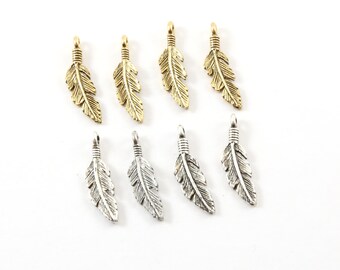 10 Antiqued Gold Brass Feather Charms *25x7mm Drops