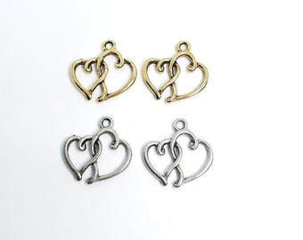 SC772 BULK 50 Hearts Charms Antique Tibetan Silver Tone Double Intertwined