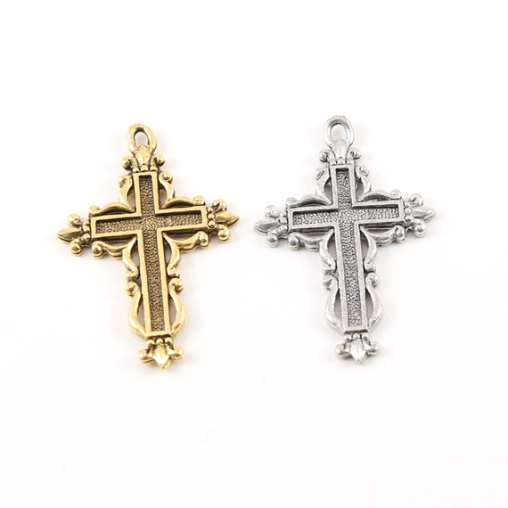 Indented Cross with Fancy Edge Fleur De Lis Design Pewter Base Metal Charm Pendant Religious Spiritual Catholic Christianity Necklace Charm