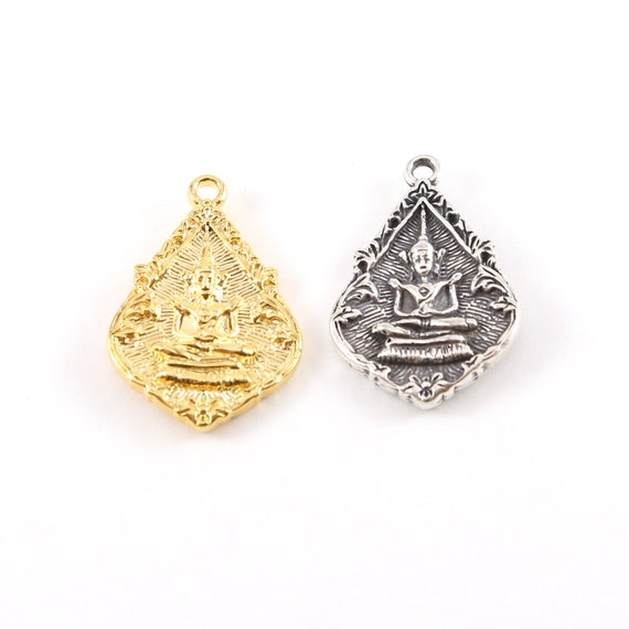 Double Sided Buddha Pointed Teardrop Detailed Yoga Pendant Ohm Meditation Mantra Charm Detailed Religious in Vermeil Gold or Sterling Silver