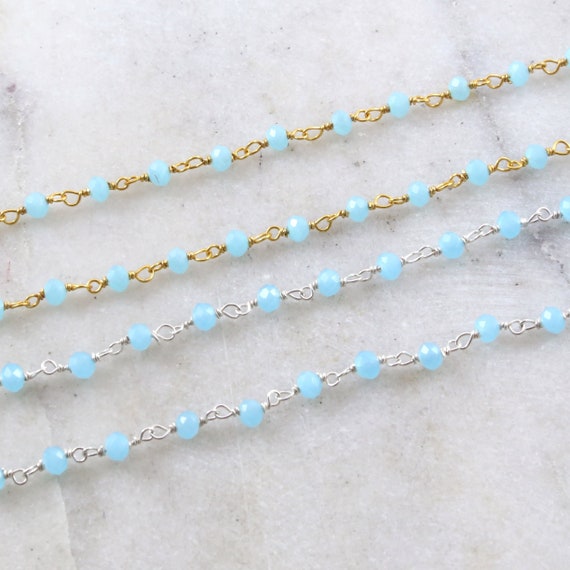 Dainty Blue Chalcedony Gemstone Rosary Beaded Wire Wrapped Chain Sterling Silver or Vermeil  / Sold by the Foot / Bulk Unfinished Chain /