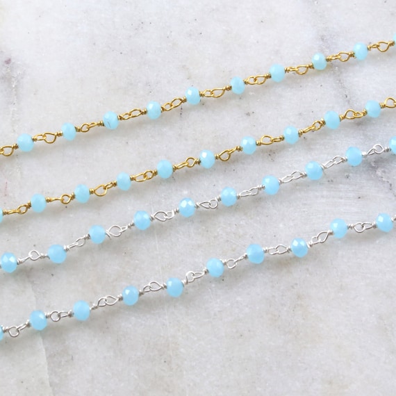 Dainty Blue Chalcedony Gemstone Rosary Beaded Wire Wrapped Chain Sterling Silver or Vermeil  / Sold by the Foot / Bulk Unfinished Chain /