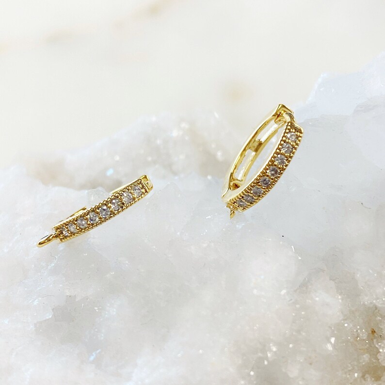 Small 1 Pair Shimmering Cubic Zirconia Pave Hoop Earrings, Gold Plated Earring, Hoop Component Sold as a Pair image 3