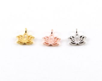 Tiny small lotus silhouette charm sideways loop in sterling silver, vermeil gold, rose gold healing spiritual nature flower buddha charm