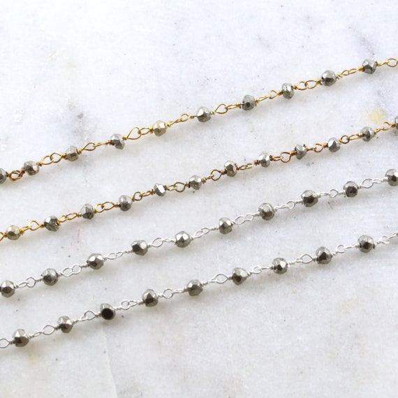 Dainty Pyrite Rosary Beaded Wire Wrapped Chain Sterling Silver or Vermeil  / Sold by the Foot / Bulk Unfinished Chain /