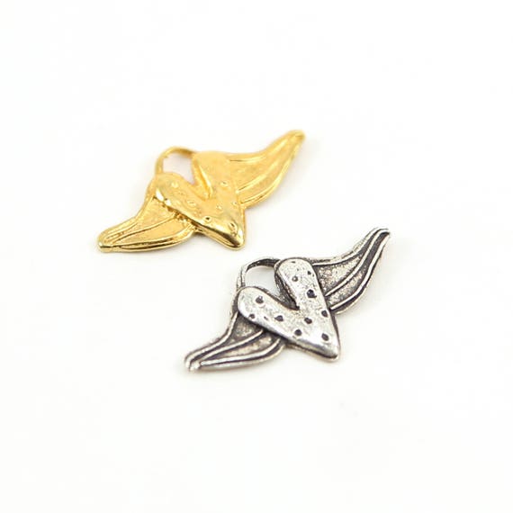 Speckled Flying Heart with Wings Charm in Sterling Silver and Vermeil Gold Valentine's Day Love Friendship Pendant