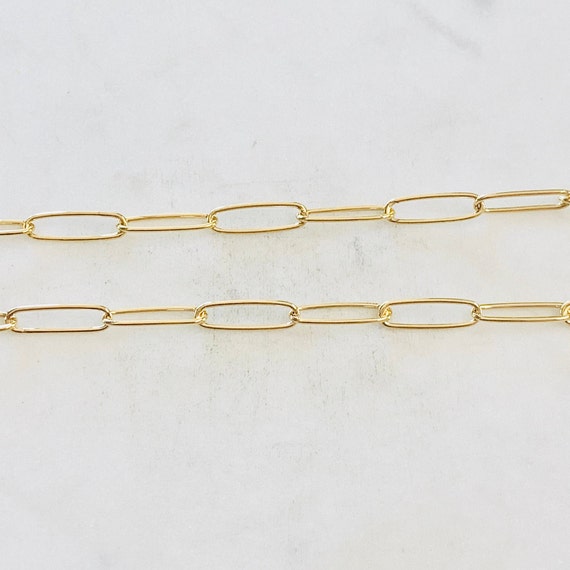 Gold Plated over Brass Light Elongated Oval Flat Drawn Rectangle Cable Box Paper Clip Chain Sold by the Foot/ Bulk Unfinished Chain