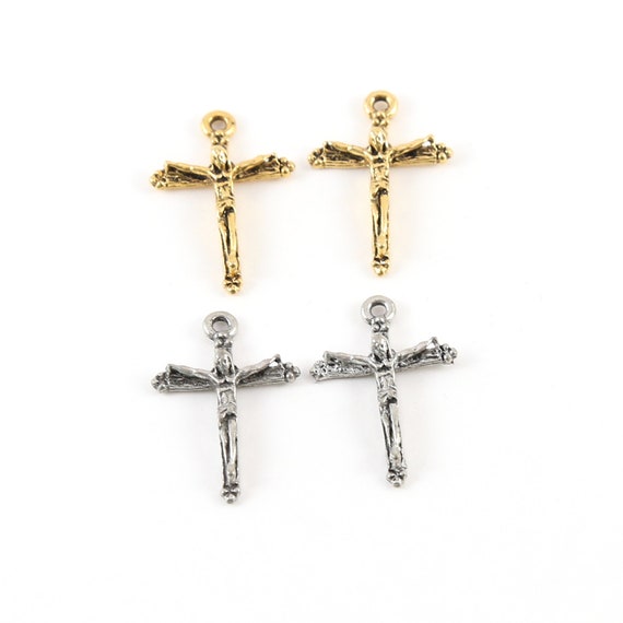2 Pieces Dainty Pewter Base Metal Crucifix Cross Charm Pendant Religious Spiritual Catholic Christianity Charm