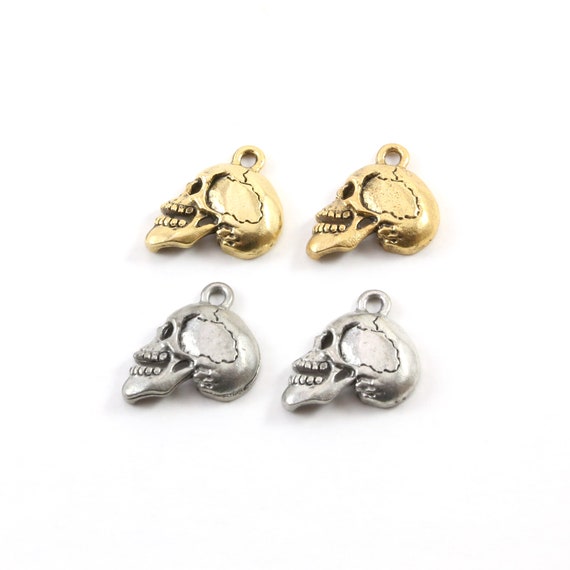 2 Pieces Pewter Broken One Sided Skull Charm Pendant Halloween Skeletons Day of the Dead Charm in Antique Gold, Antique Silver
