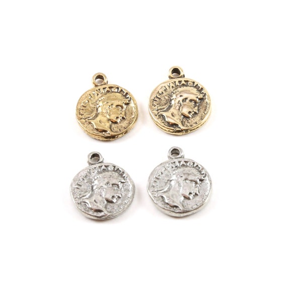 2 Pieces Ancient Greek Greece Symbol Double Sided Coin Medallion Charm Pendant Pewter Antique Gold or Antique Silver