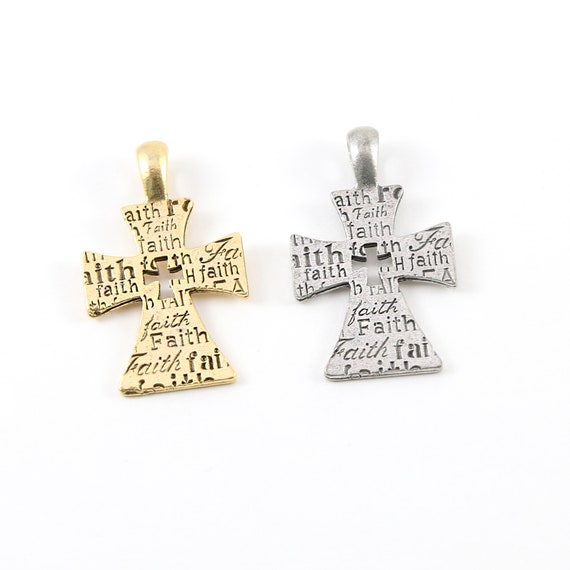 Large Faith Script Cross Charm Pewter Base Metal Cross Pendant Religious Spiritual Catholic Christianity Necklace Charm