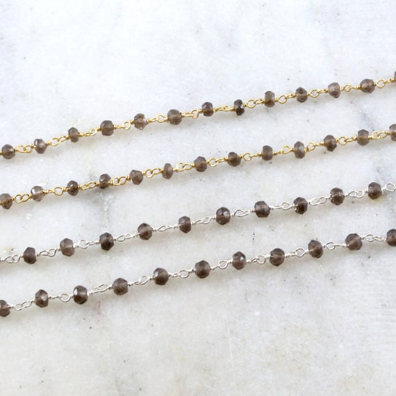 Dainty Smokey Quartz Rosary Beaded Gemstone Wire Wrapped Chain Sterling Silver or Vermeil  / Sold by the Foot / Bulk Unfinished Chain /