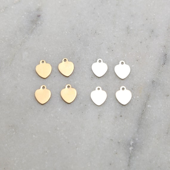 4 Pieces Dainty Tiny Flat Heart Charms in Sterling Silver and 14K Gold Filled Delicate Lightweight Charms