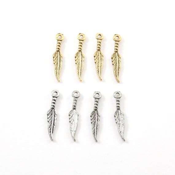 4 Pieces Dainty Tiny Small Dainty Pewter Modern Feather Charm Jewelry Making Supplies Necklace Pendant Antique Gold, Antique Silver