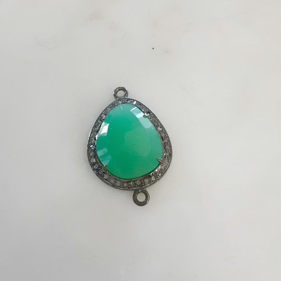 Teardrop Chrysoprase Connector  With Diamond Oxidized Sterling Silver 2 Loop Connector Charm