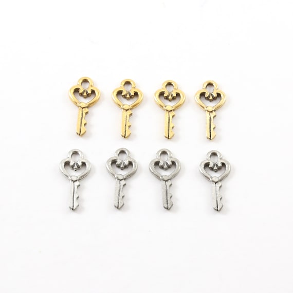 4 Pieces Tiny Small Pewter Heart Skeleton Key Charm Best Friend Charm Jewelry Making Supplies Necklace Pendant Antique Gold, Antique Silver