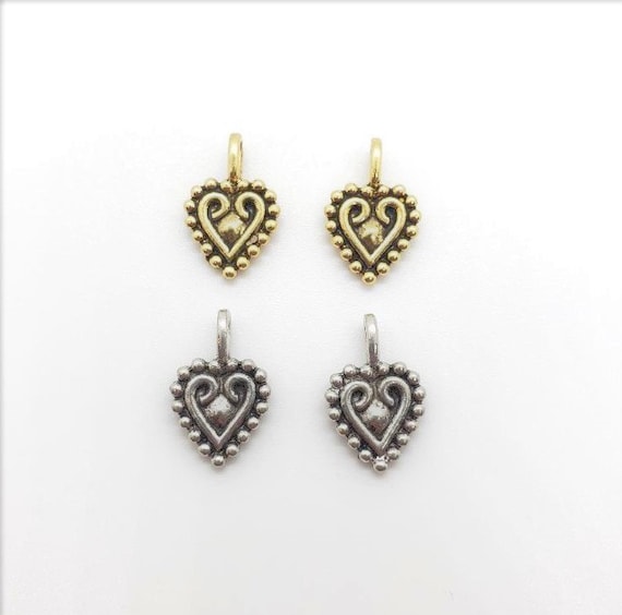 2 Pieces Pewter Metal Heart Swirled Detailed Love Charm Pendant Antique Gold , Antique Silver