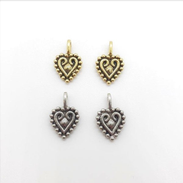 2 Pieces Pewter Metal Heart Swirled Detailed Love Charm Pendant Antique Gold , Antique Silver