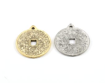 Chinese zodiac coin medallion charm symbol pendant circle pewter charm antique gold or antique silver ancient pendant charm