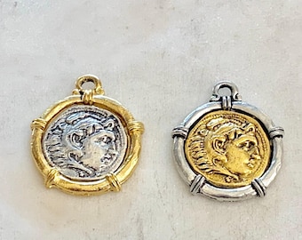 Unique ancient greek coin symbol double sided sculpture medallion charm pendant pewter antique gold or antique silver