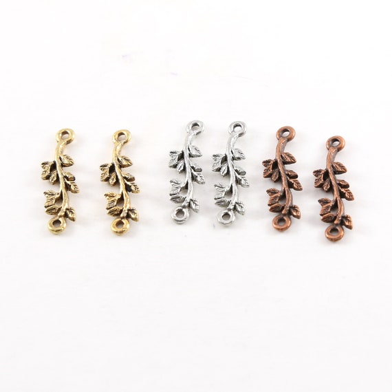 2 Pieces Pewter Metal Vine Leaf Flower Connector Link Charm 2 Loop Charm in Gold, Silver, Copper