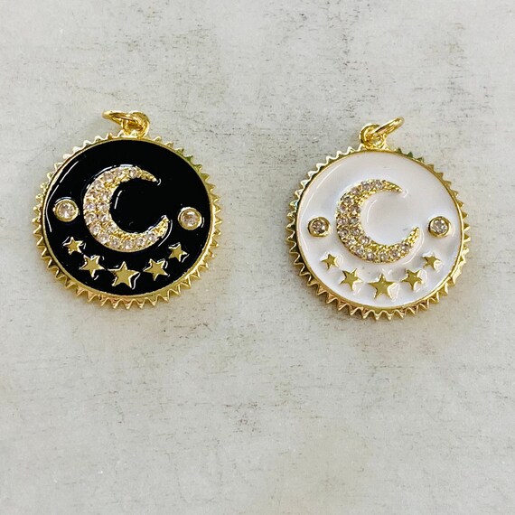 Cubic Zirconia Gold Plated Crescent Moon and Star Coin Pendant Pave Gold  Celestial Unique Charm Black or White Enamel