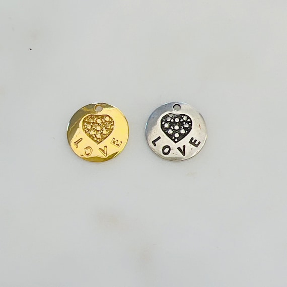 Speckled Heart with Love Charm in Sterling Silver and Vermeil Gold Valentine's Day Love Friendship Pendant