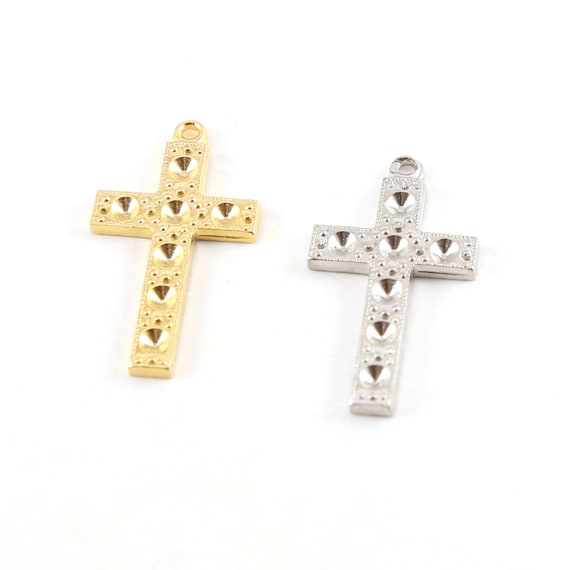 Cross for Crystals Inlay Pendant Pewter Religious Spiritual Catholic Necklace Charm 28mm x 15mm in Gold or Silver