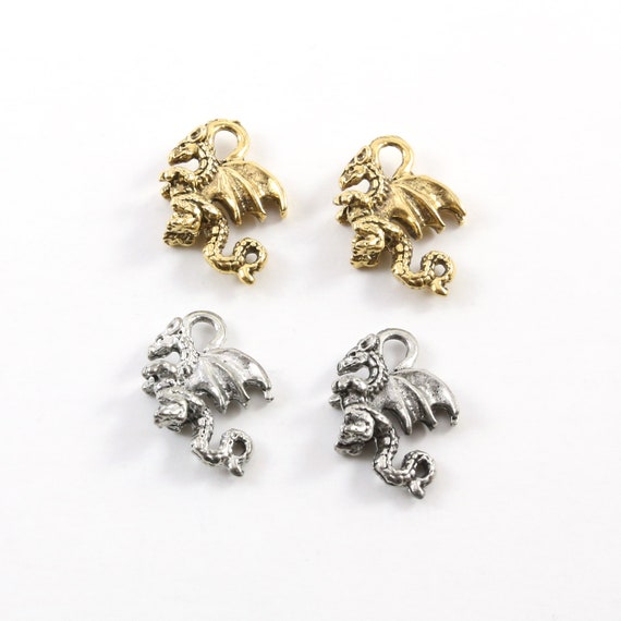 2 Pieces Pewter Small Dragon Charms Fantasy Medieval Magic Mystical Creature Pendant in Antique Gold, Antique Silver