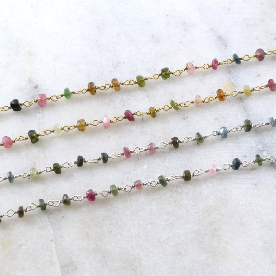 Tourmaline Wire Wrapped Chain 4mm Tourmaline with Sterling Silver Wire Wrap Rosary Style beaded Chain BY FOOT CHN-288