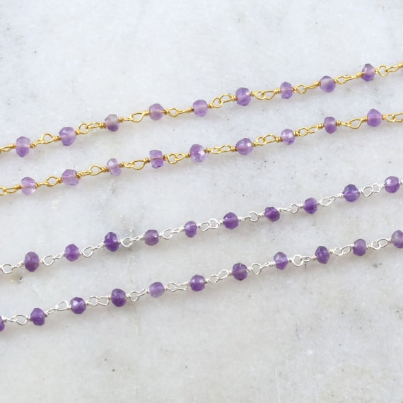 Dainty Amethyst Purple Gemstone Rosary Beaded Wire Wrapped Chain Sterling Silver or Vermeil  / Sold by the Foot / Bulk Unfinished Chain