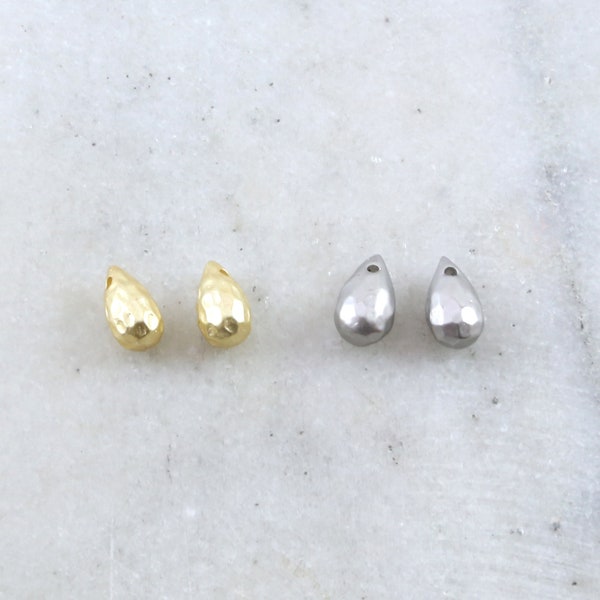 2 Pieces Pewter Metal Faceted Tiny Teardrop Bead Drop Charm Matte Gold, Matte Silver
