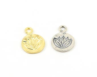 Stamped Lotus Charm on Small Round Circle Disk in Sterling Silver or Vermeil Gold Nature Yoga Buddha Healing Pendant