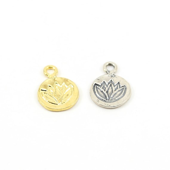 Stamped Lotus Charm on Small Round Circle Disk in Sterling Silver or Vermeil Gold Nature Yoga Buddha Healing Pendant