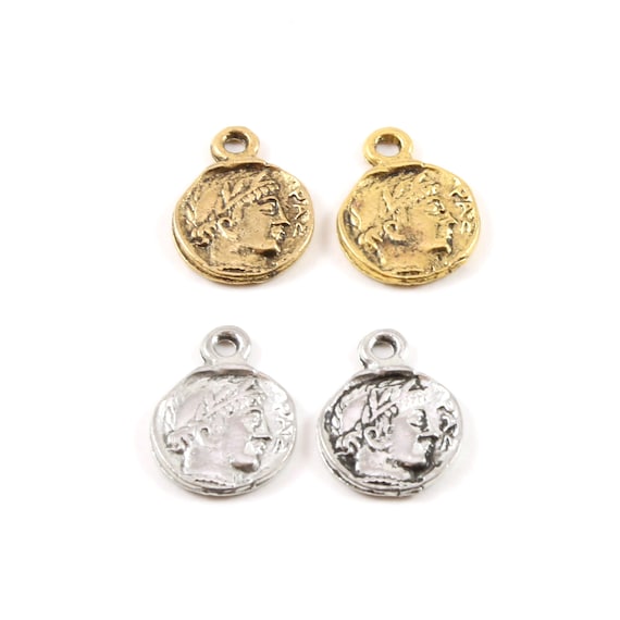 2 Pieces Ancient Greek Mythology Athena's Owl Symbol Double Sided Coin Medallion Charm MOV Pendant Pewter Antique Gold or Antique Silver