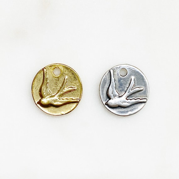 Thick Raised Bird Sparrow Coin Medallion Pendant in Vermeil or Sterling Silver Nature Charm
