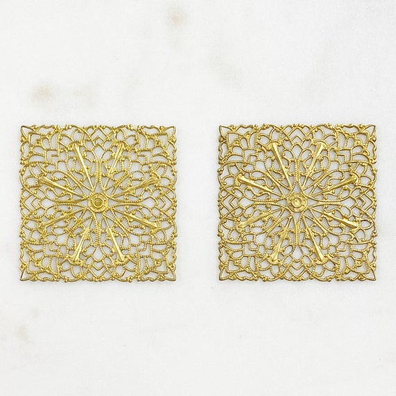 2 Piece Filigree Raw Brass Square Shaped Medallion Unique Jewelry Making Supplies