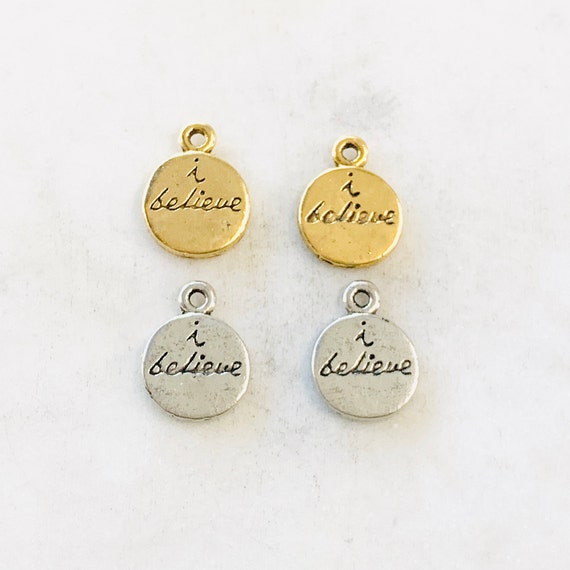 2 Pieces Pewter Thick Round Coin I Believe Stamped in Cursive Inspirational Charm Sayings pendant