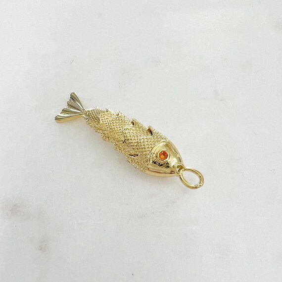 Detailed Gold Plated with Orange Cubic Zirconia Eye Moveable  Fish Pendant, Beach, Ocean Fish Charm, Animal Mammal Pedant
