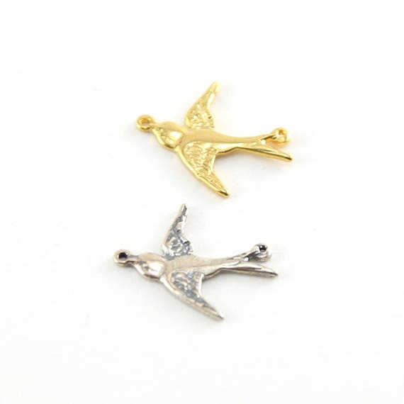 Bird Connector Charm Sparrow Nature Pendant in Sterling Silver and Vermeil gold