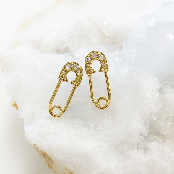 1 pair, Shimmering Safety Pin Stud CZ Pave Earring, Gold Plated, Sold as Pair