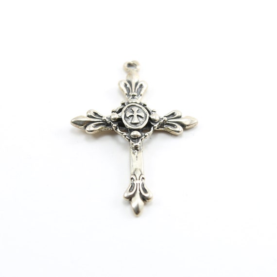 Sterling Silver Large Fancy Fleur De Lis Detailed  Thick Sturdy Cross Charm Pendant Religious Spiritual Catholic Pendant