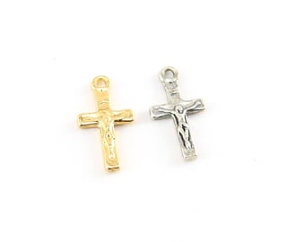 Mini tiny little crucifix cross charm with flat back in sterling silver and vermeil gold
