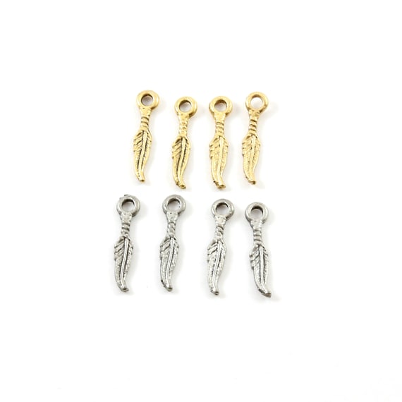 4 Pieces Tiny Small Dainty Pewter Modern Feather Charm Jewelry Making Supplies Necklace Pendant Antique Gold, Antique Silver