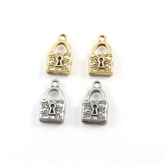 2 Pieces Pewter Floral Pad Lock Key Charm with Flowers Jewelry Making Supplies Necklace Pendant